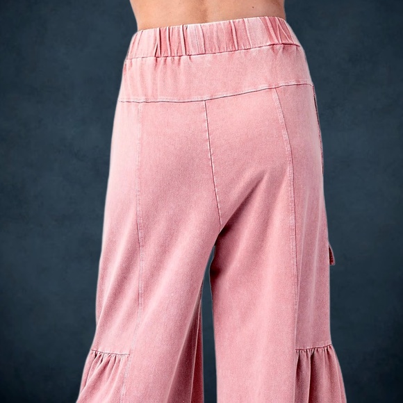EASEL “Lovin’ It” Cotton Mineral Washed Pants Relax Fit Wide Ruffled Leg Pockets - Picture 12 of 14
